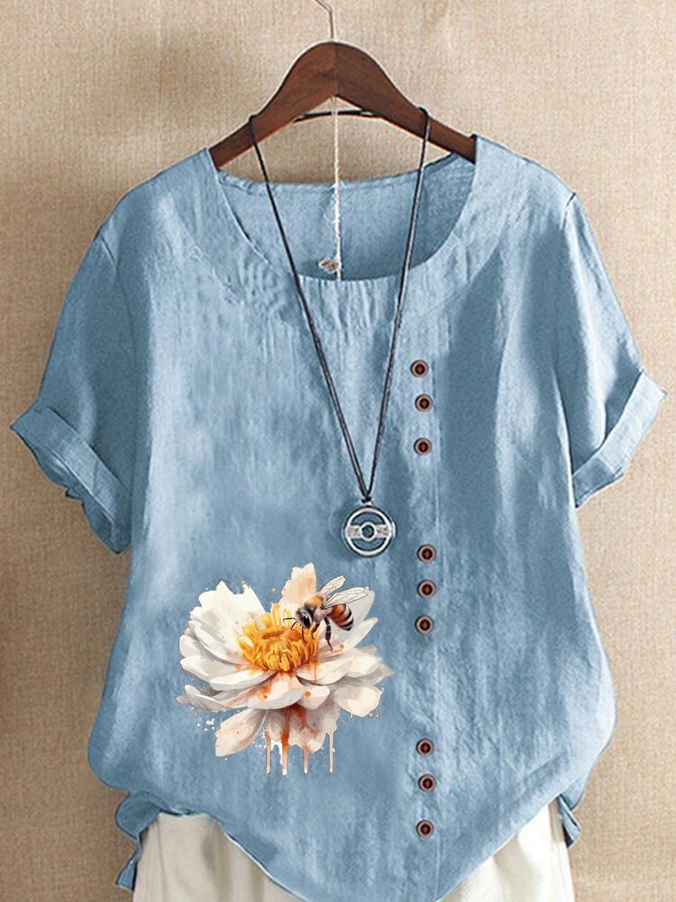 Damenmode Blume Biene Print Rundhals Kurzarm T-Shirt Lässig Baumwolle Leinen Grafikshirt Freizeit Locker Sommer Bluse Oberteile