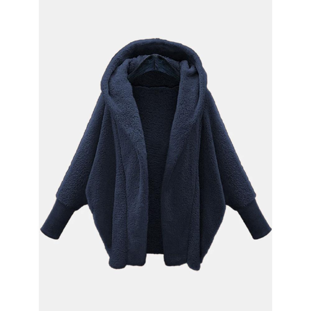 Women Autumn Winter Clothing Solid Color Long-sleeved Hooded Loose Plush Jacket Coat Warm Cardigan
