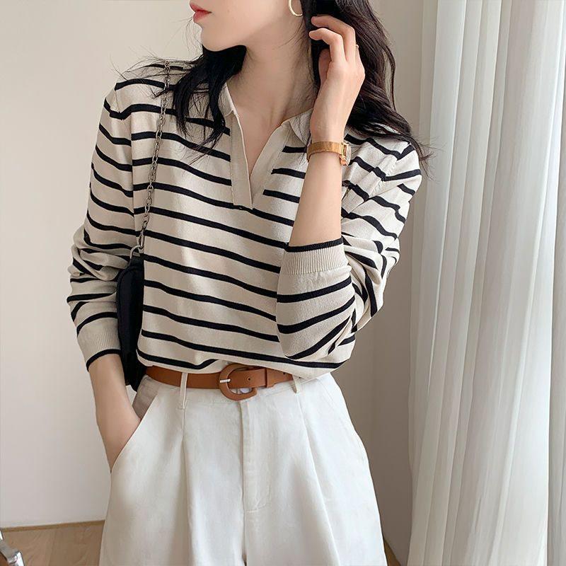 

Women s Autumn Loose Striped Long Sleeve Knit Top S (Recommended 75-90 Jin) чёрный