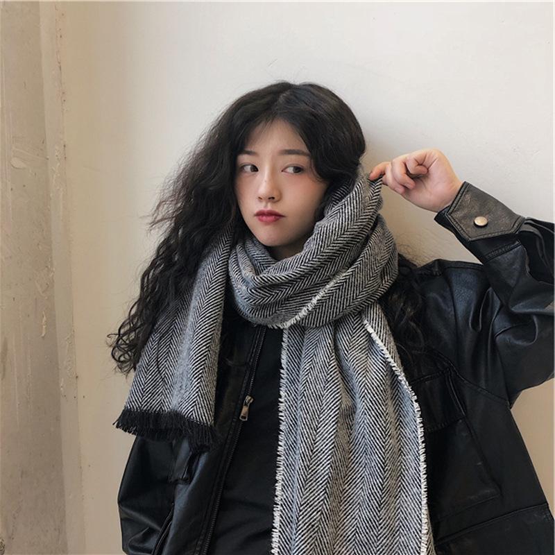 Student Fleece-Like Cashmere Warm Hong Kong Style Minimalist Herringbone Scarf Women's Winter Long In-Stock Wholesale