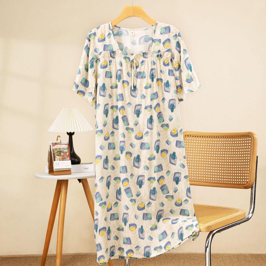 Plus Size Cotton-Silk Cartoon Floral Pajama Dress: Lightweight, Loose-Fit, Summer Homewear