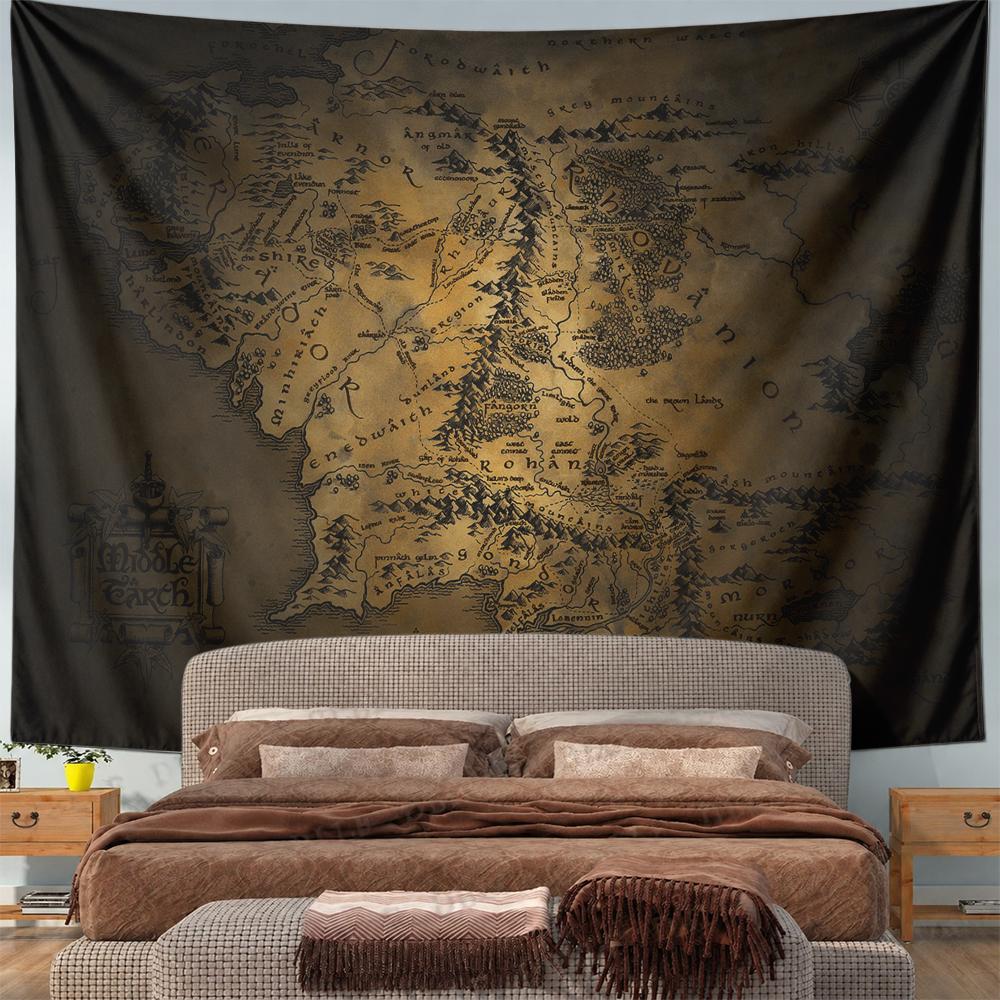 Middle Earth Map Antique Design Vintage Style Patterned Tapestry for Bedroom and Living Room Home Decor Sofas