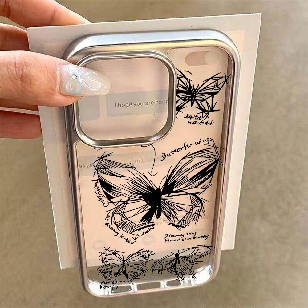INS Ink Butterfly Pattern Electroplated Phone Case For iPhone 17 16 15 14 13 12 11 Pro Max Plus XS 17 Air Shockproof Clear Cover