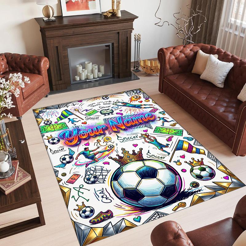 Soccer Theme Crystal Velvet Floor Rug Personalized Custom Name Text Warm Carpet Home Decoration