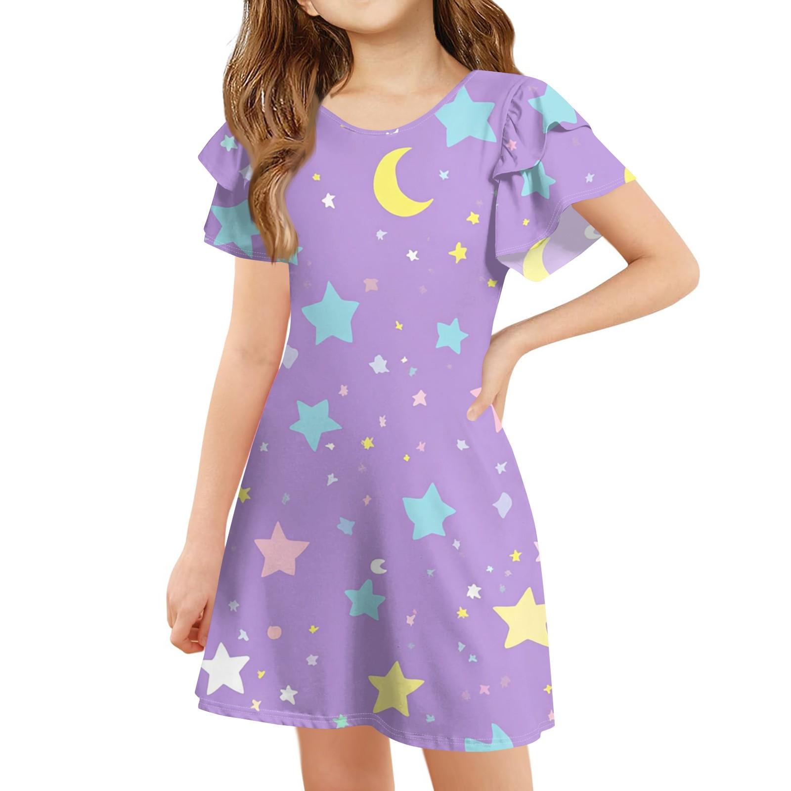 

Детское платье с оборками на рукавах, летнее повседневное платье А-силуэта с круглым вырезом и симпатичным принтом для девочек 130