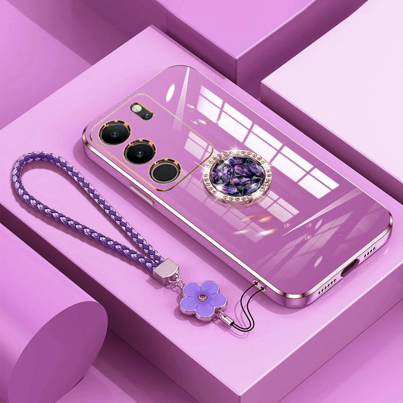 V29 5G Pouzdro Luxusní Kryt s Diamantovým Prstenem Pro Vivo V29 V29E V25 V21 V21E V20 SE Y76 Y75 Pouzdro na Telefon Se Šňůrkou Pokovené Pouzdro V 29