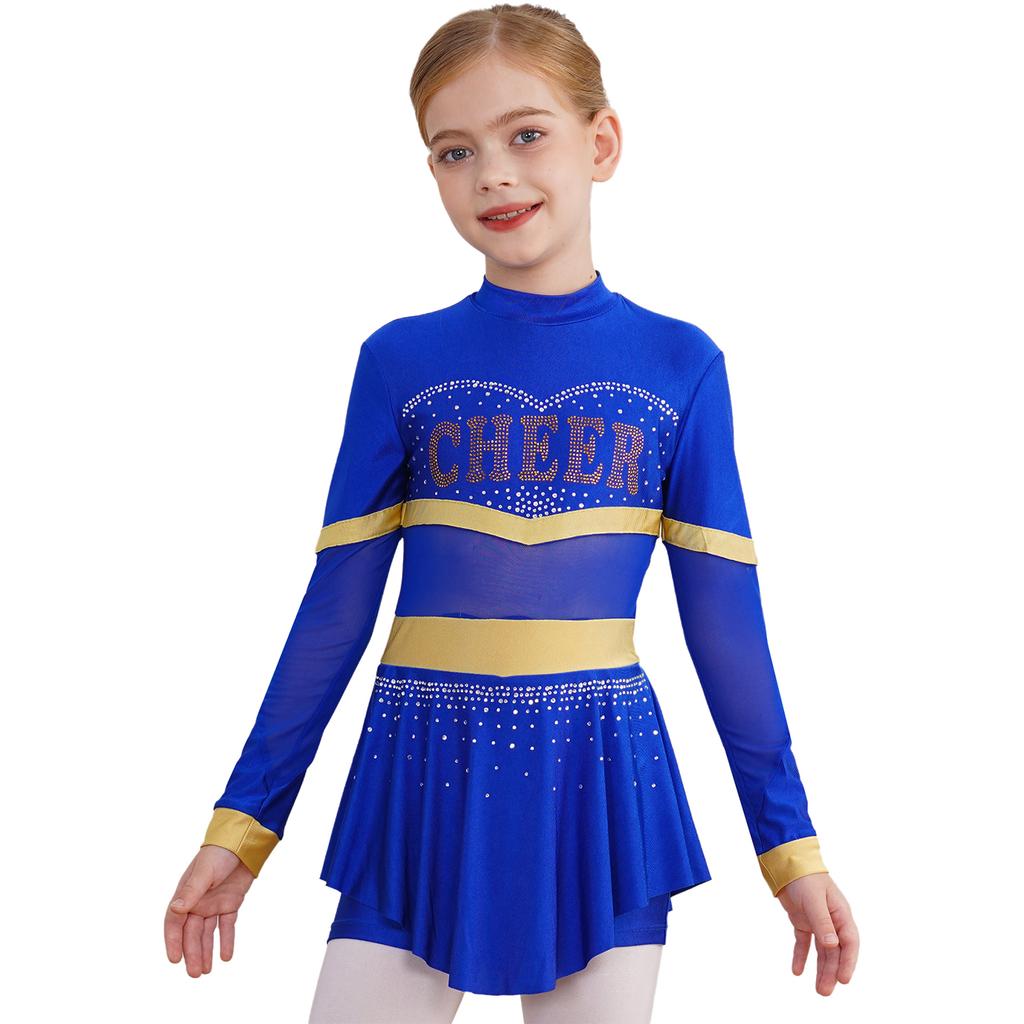 Girls One-Piece Cheerleading Costume: Long Sleeve Mesh Patchwork Shiny Diamonds Jumpsuit for Dance Gymnastic Performance