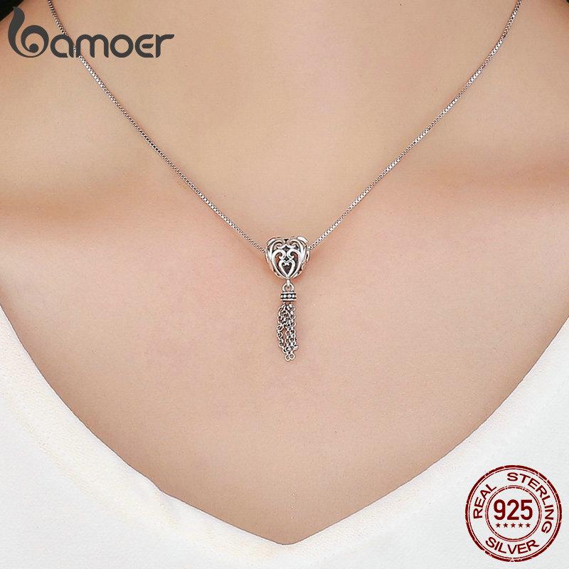 BAMOER 925 Sterling Silver Dream Catcher Openwork Heart with Long Tassel Pendant Beads Fit Women Bracelets Necklaces DIY Jewelry