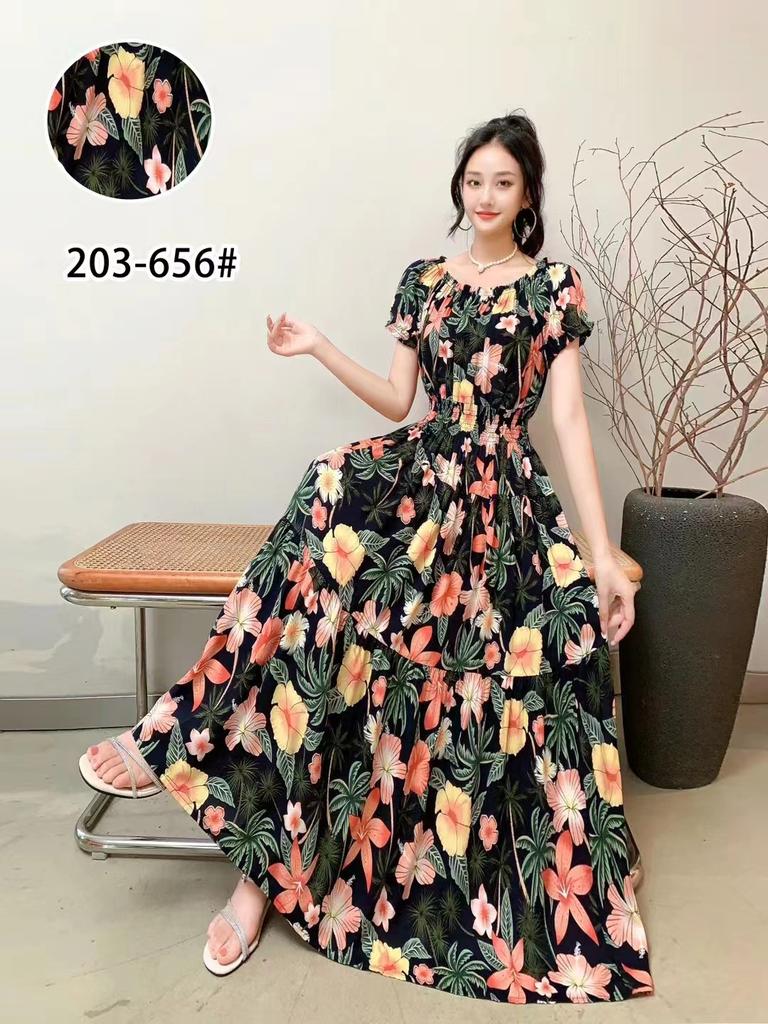 2024 Women's Beach Dress Short Sleeve Floral Dress Cotton Travel Vacation Bohemian Skirt Summer Halter