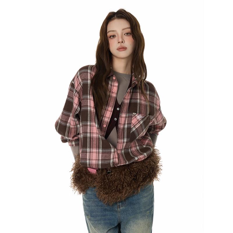 GROUND ZERO Unisex Letter Print Plaid Color-block Loose Shirt