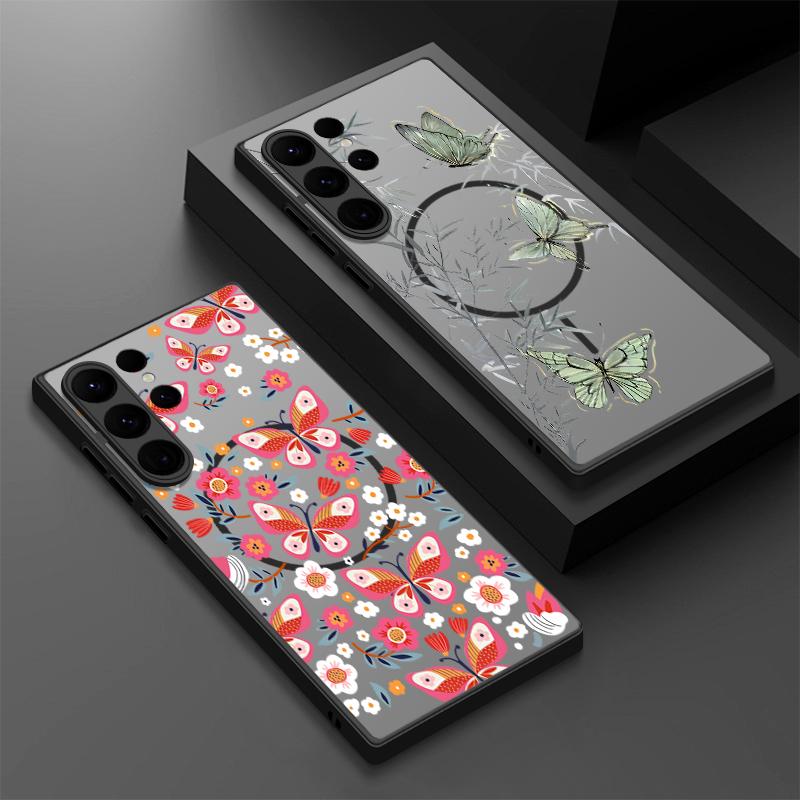 Creative Butterfly Flowers Pattern Case For Samsung Galaxy S26 Ultra S25 Edge S24 Plus S23 S22 S21 FE Magnetic For Magsafe Matte Cover