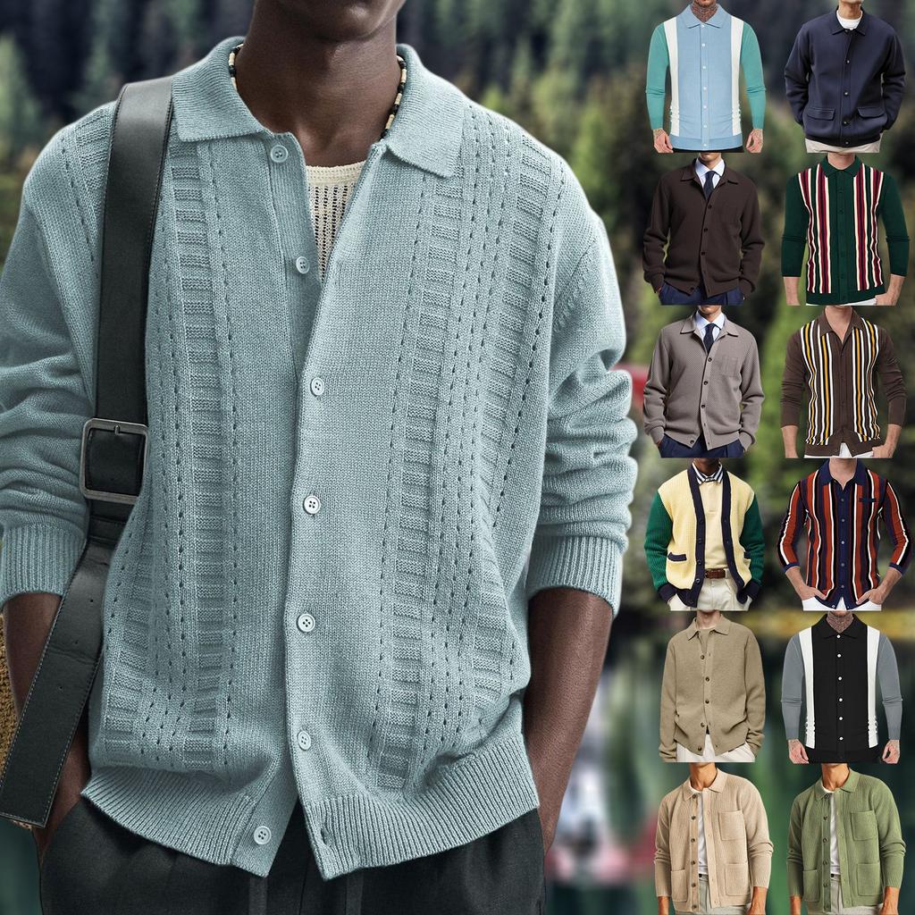 Men's Casual Solid-Color Knitted Cardigan With Ribbed Cuffs And Turned-Up Collar, An Outerwear