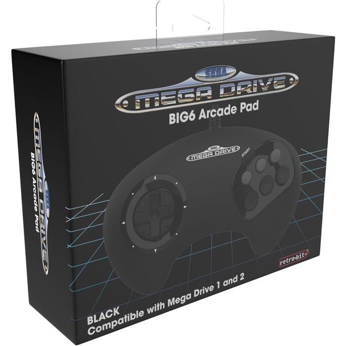 Retro-bit - Manette Filaire Noire BIG6 Sega Mega Drive & Genesis - Port D'origine
