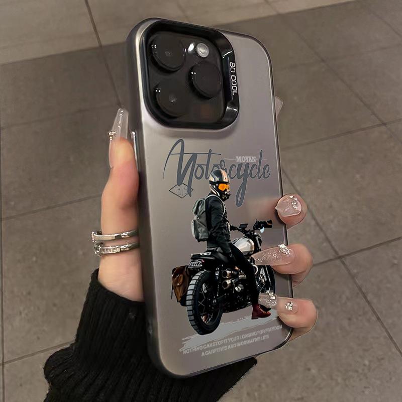 Case For iPhone 14 Motorcycle Pattern Laser Phone Case For iPhone 15 13 12 11 Pro Max X XR XS 7 8 Plus Plating Matte Back Cover