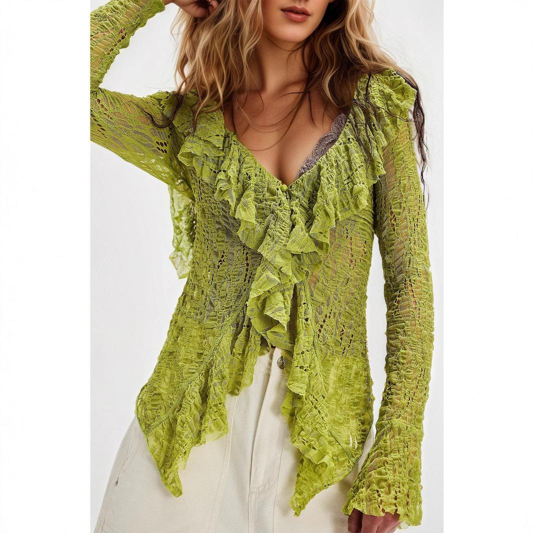 Women s Green Lace Long Sleeve Deep V Neck Top with Ruffle Details S