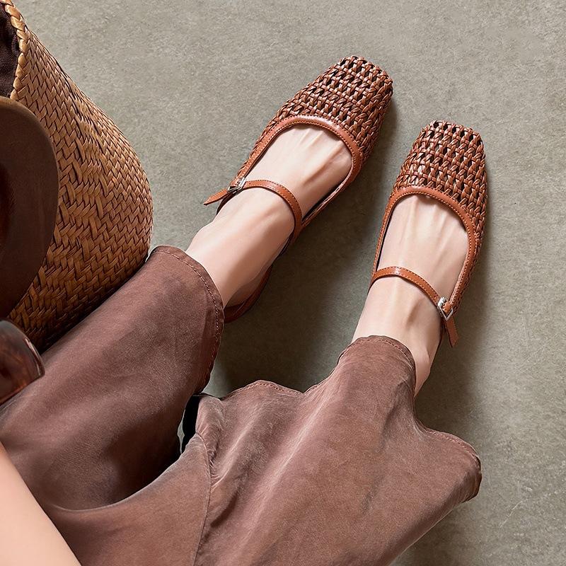 Breathable~ 3cm Thick Heel Light Mouth Sandals Women's Leather Hollowed Out Summer Mary Jane Bag Head Wearing Sandals