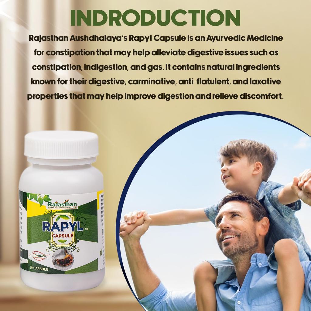 RAPYL Capsules by Rajasthan Aushdhalaya |Indication - Gas | Constipation| Alleviate Digestive |Acidity | Improve Digestion | 30 Capsules