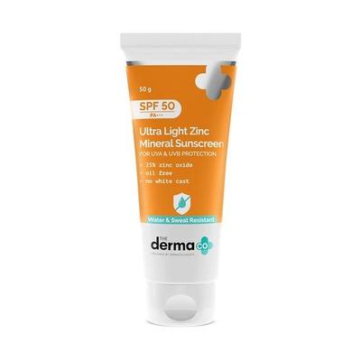 Protetor solar ultraleve de zinco mineral Derma Co I com FPS 50 PA+++ I resistente à água e ao suor | Proteção UVA, UVB e luz azul I leve - 50g