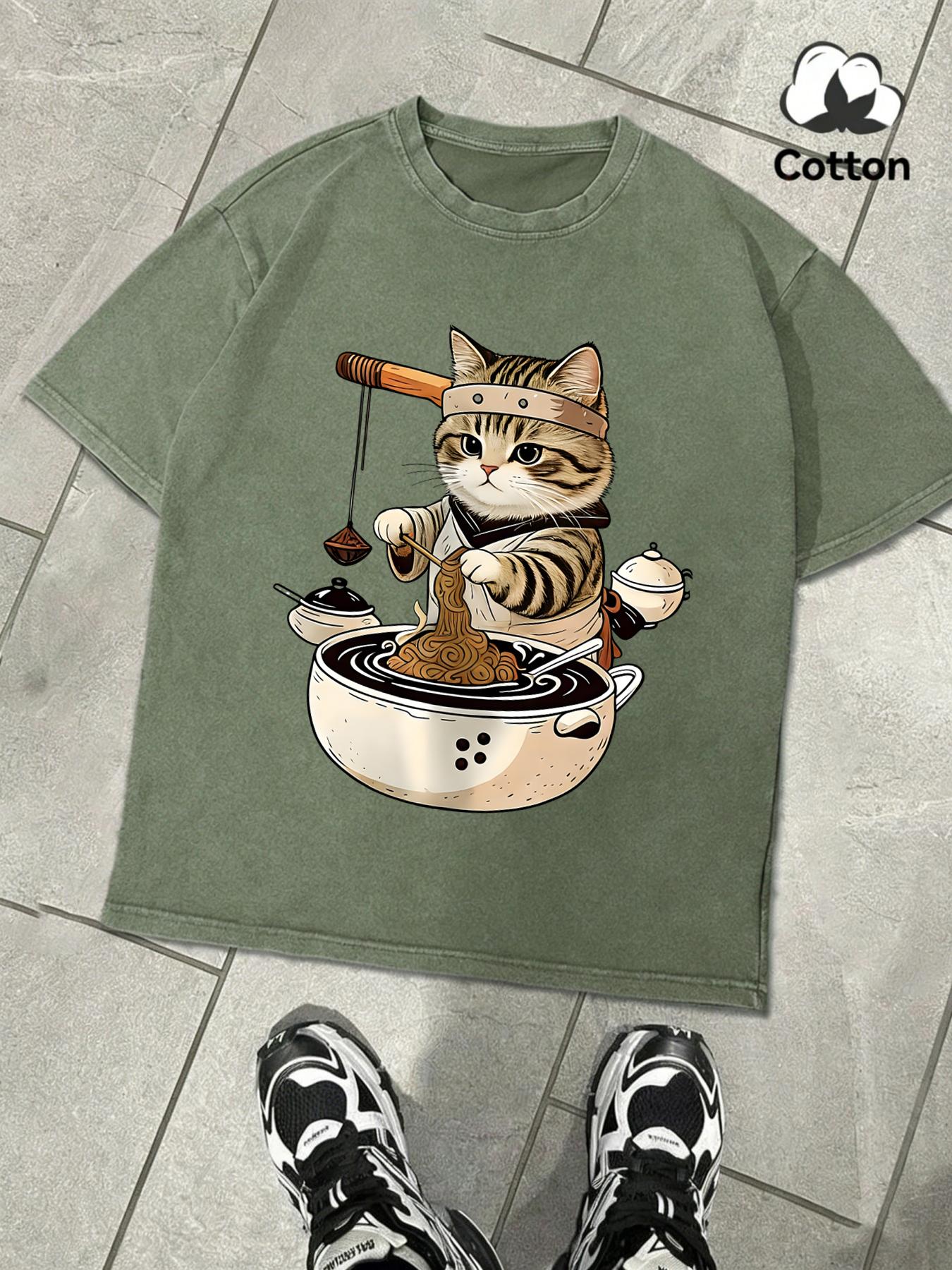

Master Cat Is Making Lamian Noodles Washed TShirt Man Cotton Soft Tee Unisex Casual Retro Clothing Fashion Retro Short Sleeve S