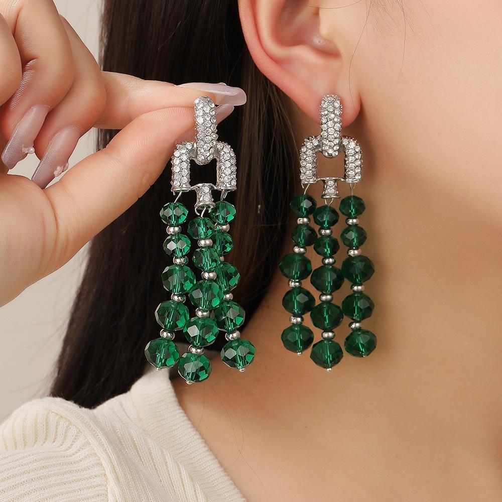Green Crystal Beaded Tassel Earrings: Retro European and American Style Sparkling Silver Needle with Diamond Accents