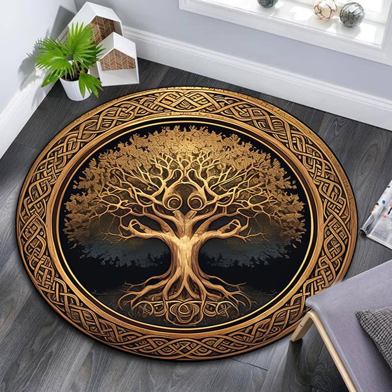 Golden Tree Round Area Rug,Carpet Rug for Living Room Bedroom Sofa Playroom Decor,Non-slip Floor Mat
