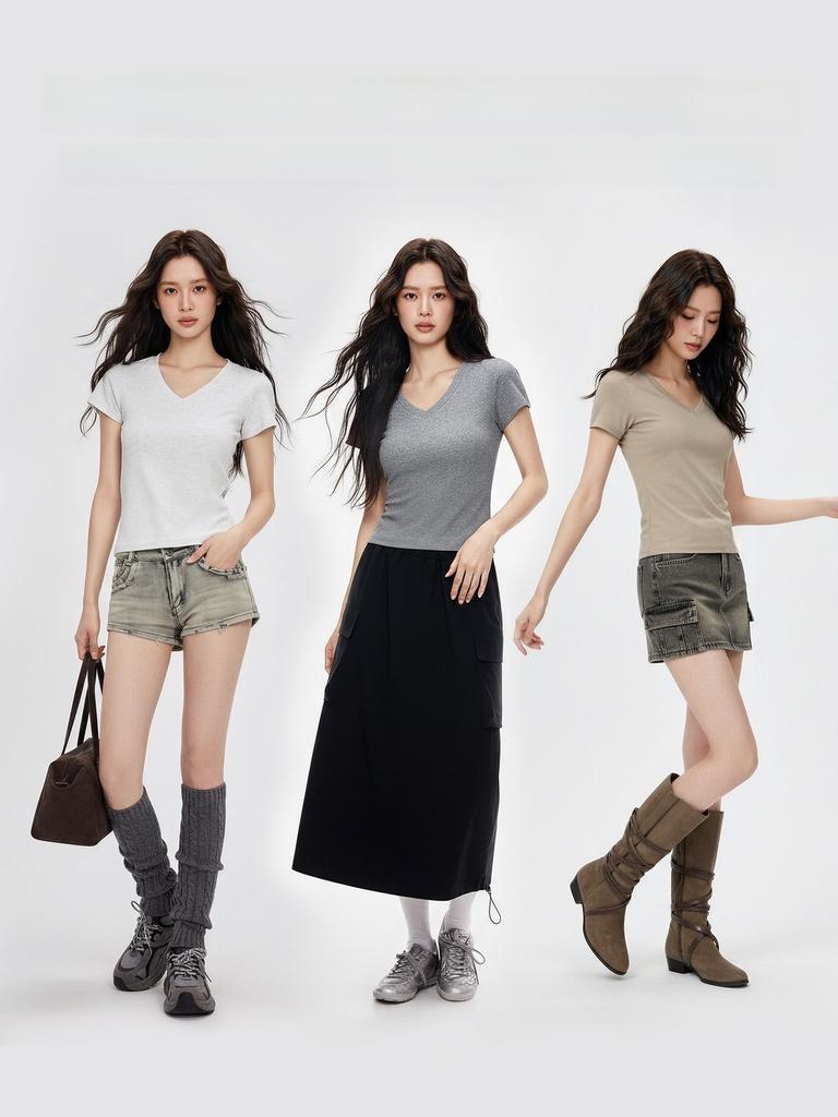 Casual White Cotton Blend Vneck Tshirt For Teen Girls Summer Wear
