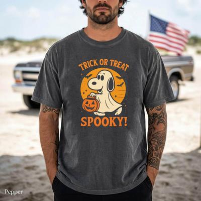 Snoopy Trick or Treat Shirt, Peanuts Halloween Ghost Graphic Tee, Spooky Season T-Shirt, Comfort Colors 1717, Halloween Gift