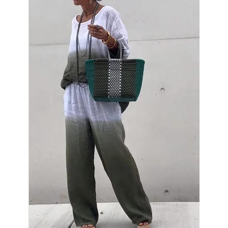 Damen Set Modisches Baumwoll- und Leinen-Verlaufs-Langarm-Rundhals-Oberteil und Gerade Hose Zweiteiler