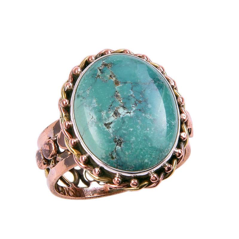 Natural Tibetan Turquoise Gemstone 925 Sterling Silver Two Tone Ring S.10 d9R26