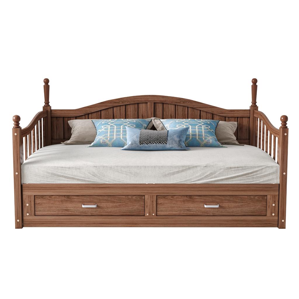 Extendable Sofa Bed 90/180*190 cm, with Roman Columns, Curved Backrest and Armrests, Drawers and Slatted Frame, Multifunctional Bed Pine Wood, Walnut