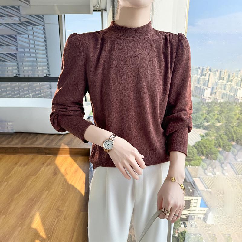 

Новый французский ретро вязаный свитер с полувысоким воротником для осени и зимы, с рукавами-фонариками и жаккардовым свободным облегающим базовым слоем XXL кофейный