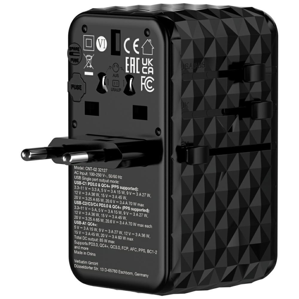 Verbatim Adapter Podróżny Eu/Uk/Us Gan   Usb-A/3Xusb-C Pd 85W Cnt-02 Czarny/Black 32127
