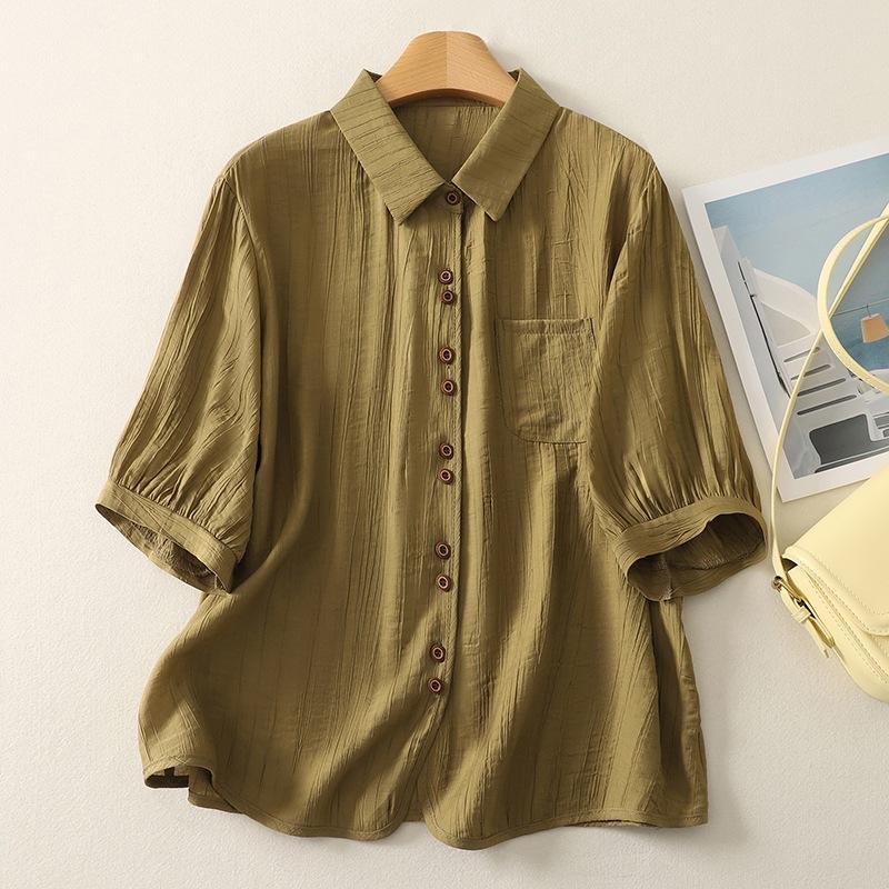 

Корейская простая однотонная рубашка с рукавом три четверти для通勤, женский летний новый свободный хлопковый повседневный кардиган топ 2XL армия зеленый