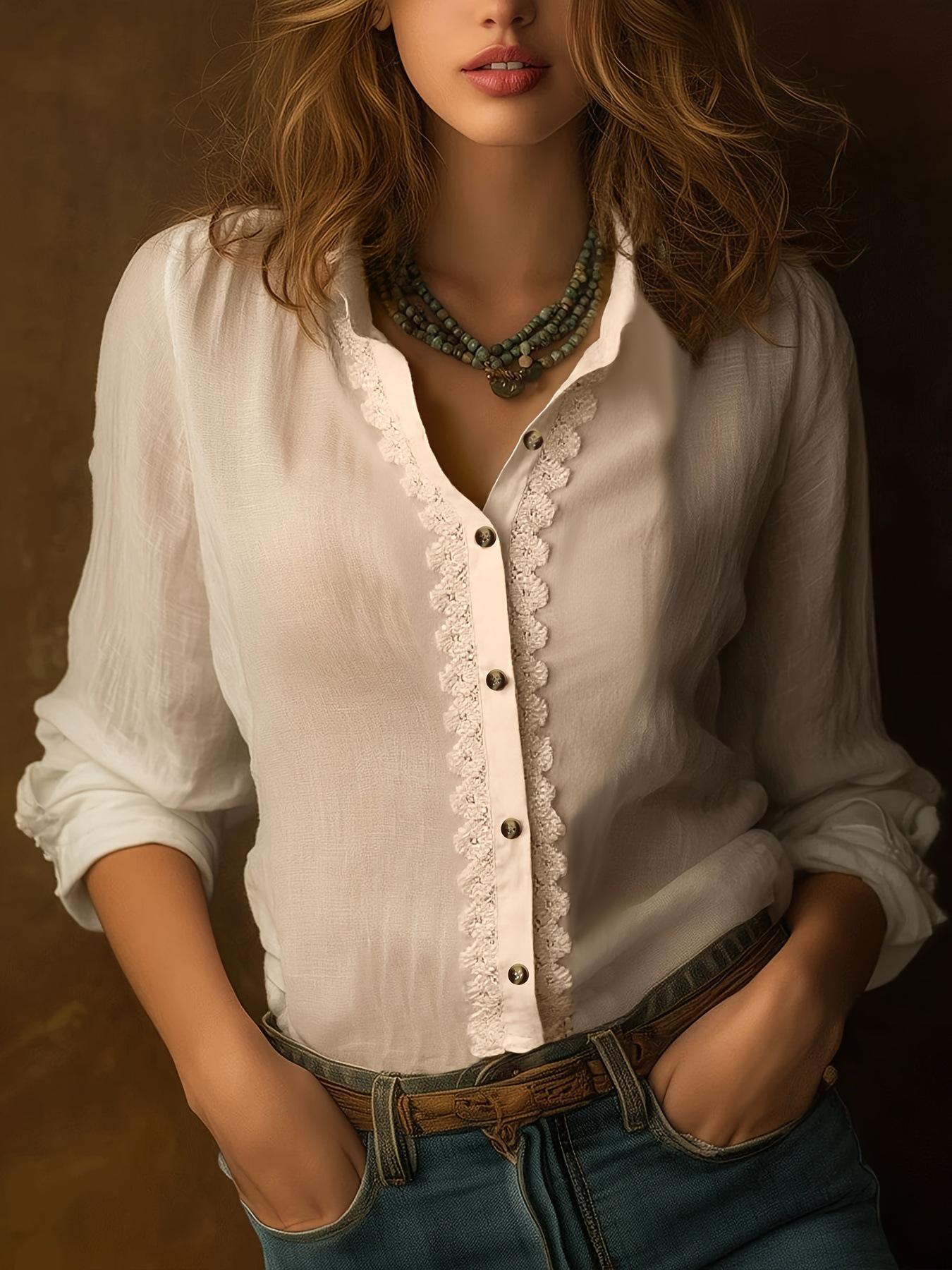 

Elegant Spliced Lace Long-Sleeve Shirt with Stand Collar Extra Large абрикосовий