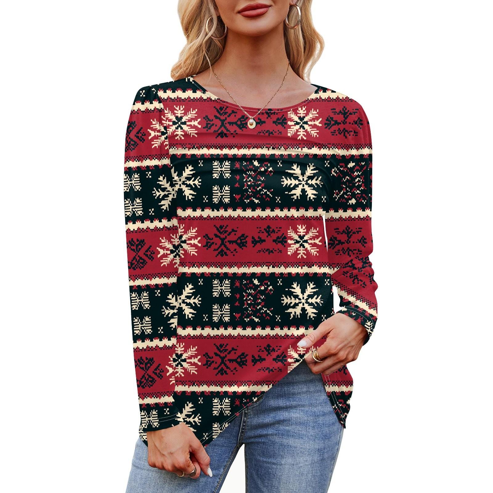 

Женская футболка с круглым вырезом и длинными рукавами с принтом рождественской елки и снежинки XXXL