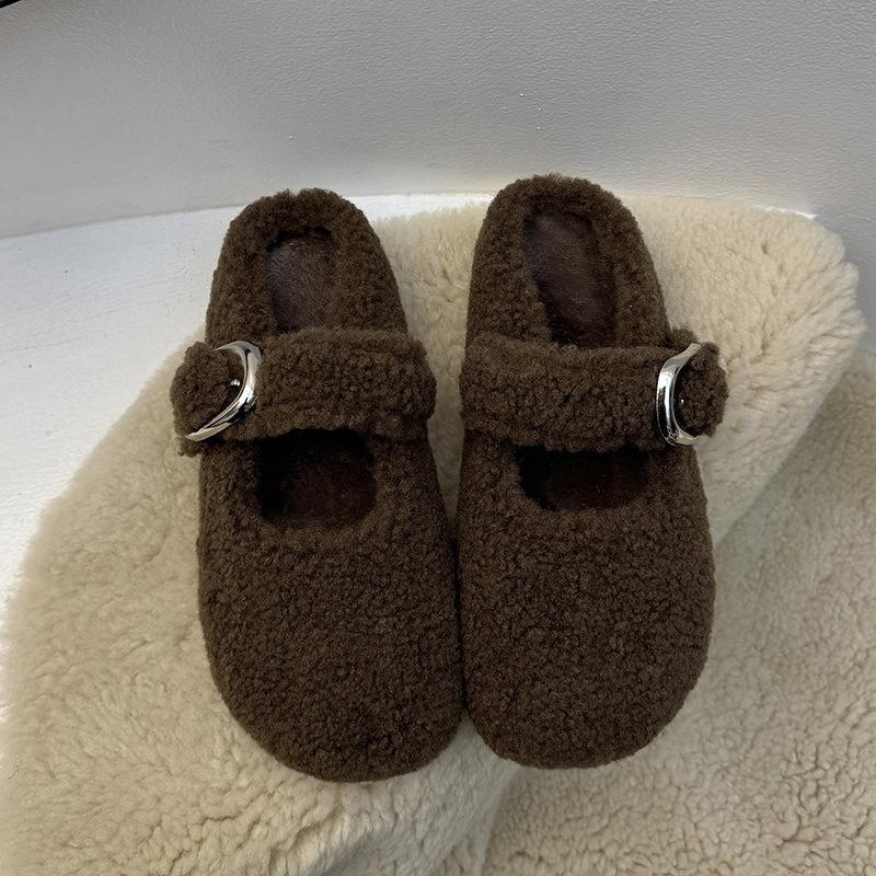 Baotou Fluffy Slippers Women's 2025 New Autumn and Winter Wear Velvet Warm Internet Celebrity Half Slippers Mary Jane Cotton Shoes