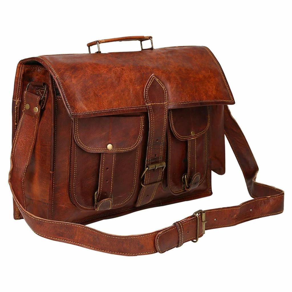 Men's Genuine Dark Brown Leather Vintage Laptop Messenger Briefcase Bag Satchel