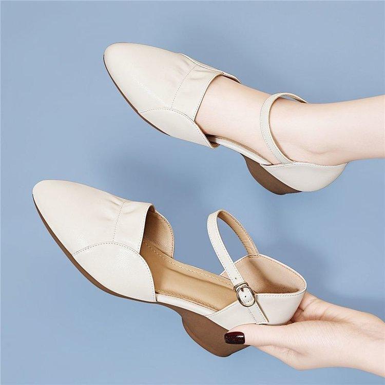 French bag head sandals thick heel new summer pointed retro soft leather summer cool leather shoes