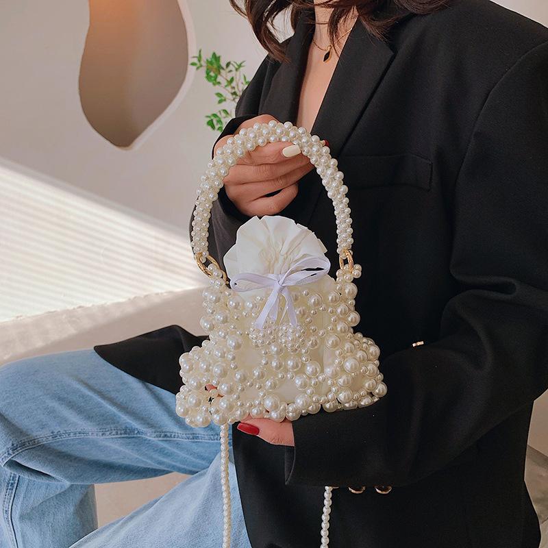 Exquisite foreign style handmade imitation pearl weave beaded women's small square bag new cute one-shoulder crossbody bag