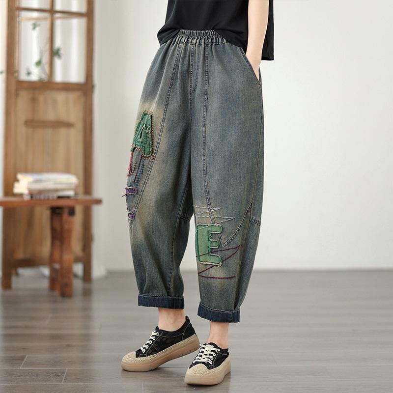 Taglie forti Vintage ricamo vita alta casual larghi Donna Primavera estate autunno jeans denim Pantaloni Harem
