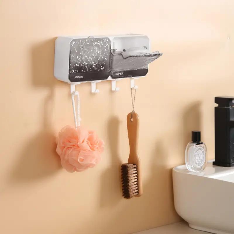 1Pc Rectangle Plastic Soap Dishes with Drain Tray and Hooks Wall Mounted Luxurious Wave Pattern Flip Cover Soap Box Holder