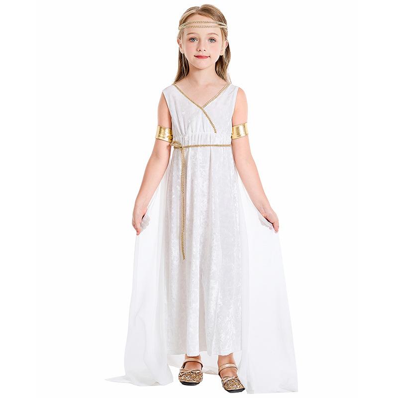 Greek Goddess Costume for Girls - White Empire Waist Dress with Cape, Elegant Roman Goddess & Lady Liberty Style L