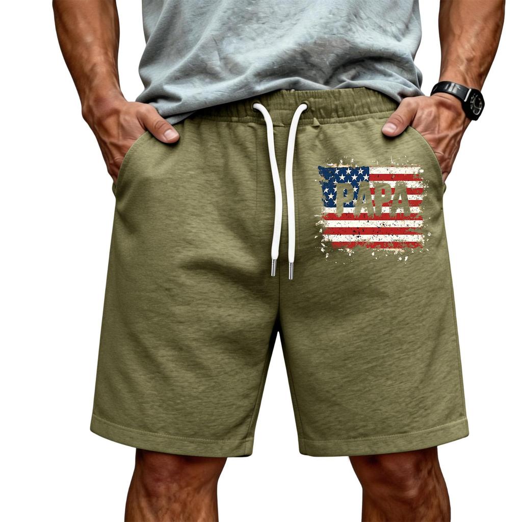 Men Drawstring Waist Casual Shorts with Flag Print Relaxed Fit Lightweight Soft Fabric Elastic Waistband for Daily Wear