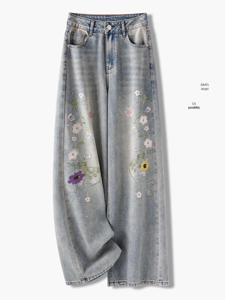 Women's High-Waist Embroidered Straight-Leg Jeans - Floral Ethnic Style for Spring & Autumn