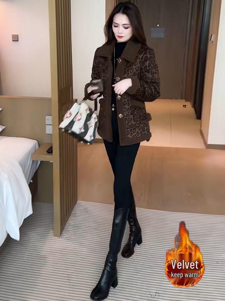 Fluffy 2025 Elegant Leopard Print Woolen Jacket - Women's Versatile Warm Top