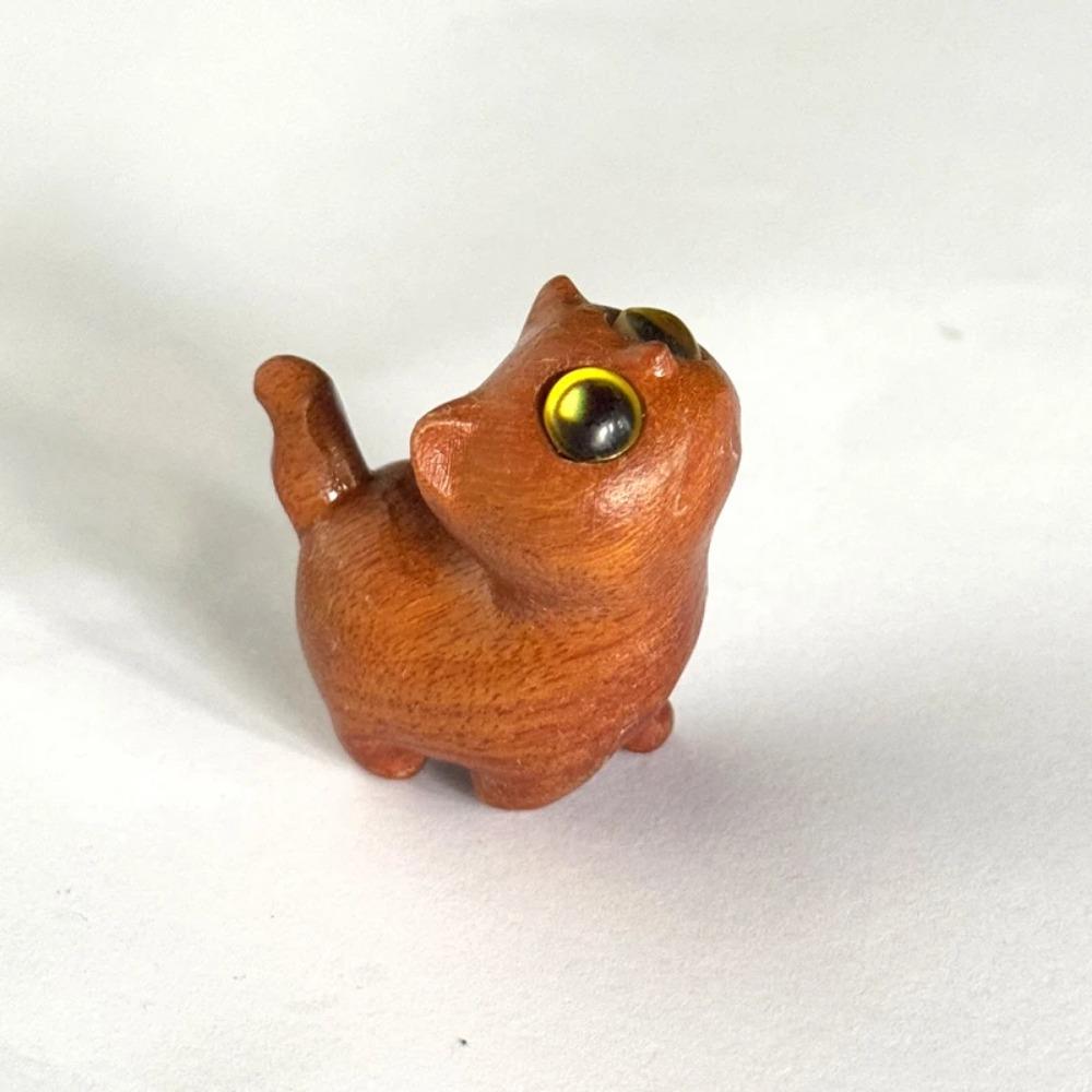 Grünes Sandelholz Glückskatzenfiguren Desktop-Ornament, Holz Tierstatue, Niedliche schiefköpfige neugierige Katze für Heimdeko, Als Geschenk