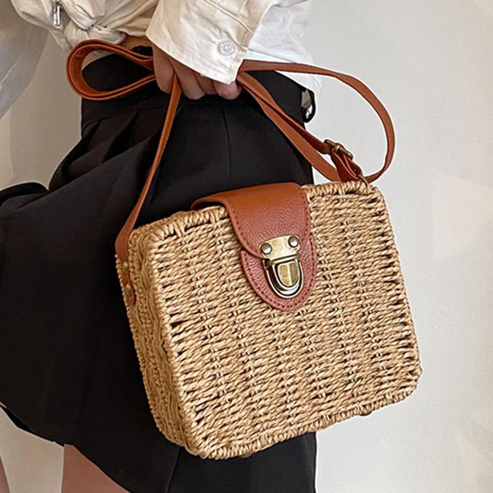 Women Crossbody Bags Fashion Woven Hand-woven Bag Casual Holiday Simple Handmade Adjustable Straps Small Square Bag