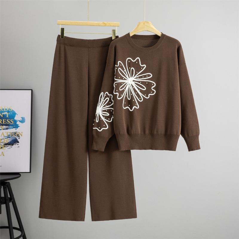 Autumn and Winter Chic Flower Design Round Neck Long Sleeve Hot Diamond Pullover Sweater Wide Leg Pants Two-piece Set
