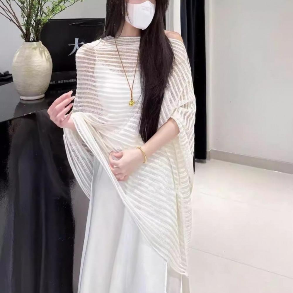 

Stripe Patchwork Crochet Hollow Top Transparent Thin Sunscreen Cover Up Loose Irregular Beach Cloak Summer One Size білий