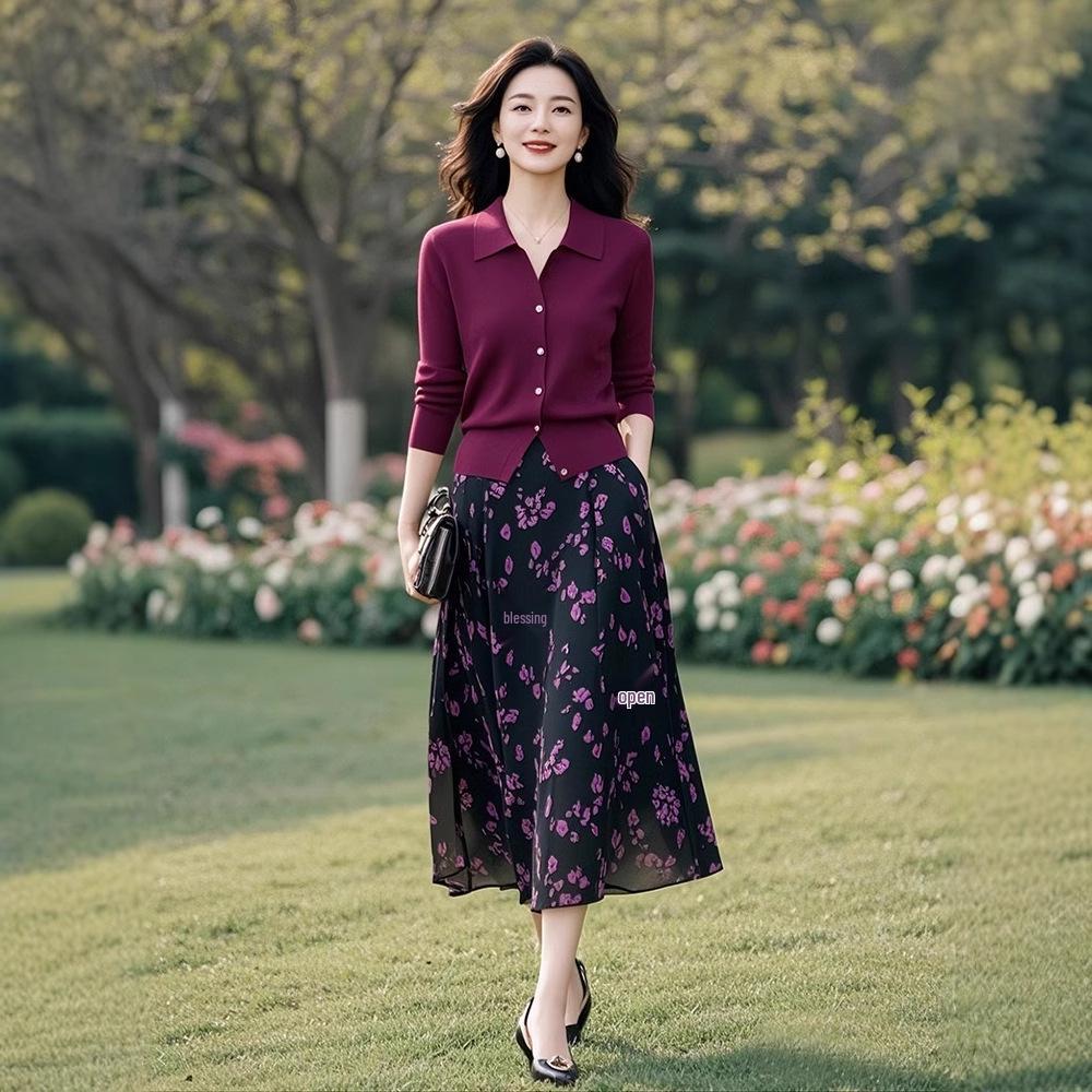 

Весенне-осенний повседневный элегантный вязаный свитер и миди-юбка с цветочным принтом для женщин среднего возраста XXL (65-70kg)